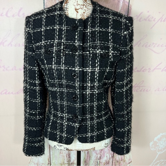 Albert Nipon Tweed Wool Blend Blazer Business Jacket Black White Sz 8 Vintage - Picture 1 of 11